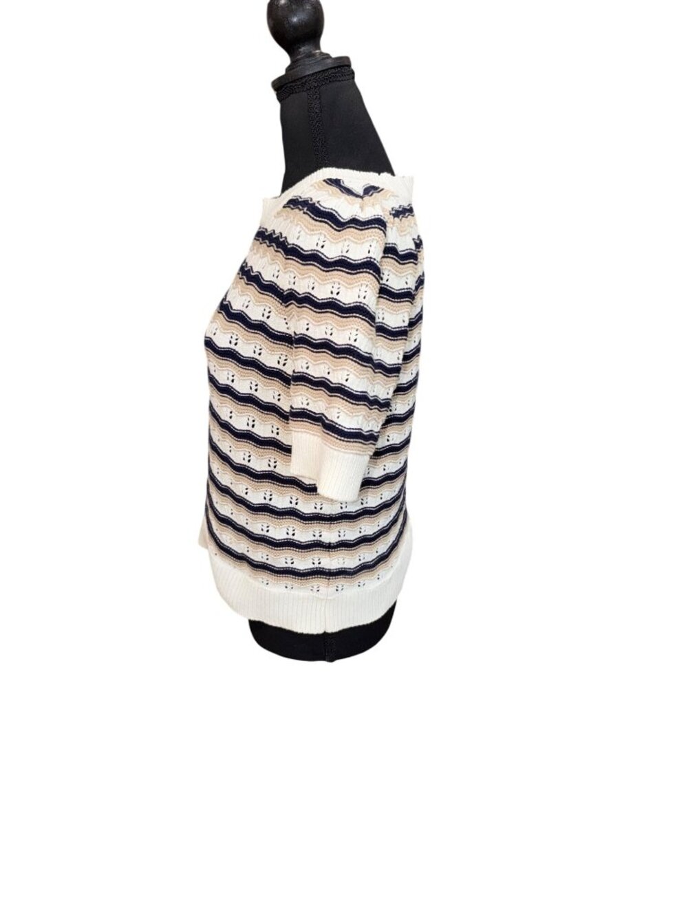 Marled Women Knit Short Sleeve Sweater M Beige Navy White Stripe Nautical Preppy - Picture 6 of 12